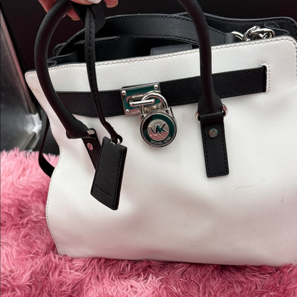 Michael Kors White and Black Leather Satchel with MK Lock
